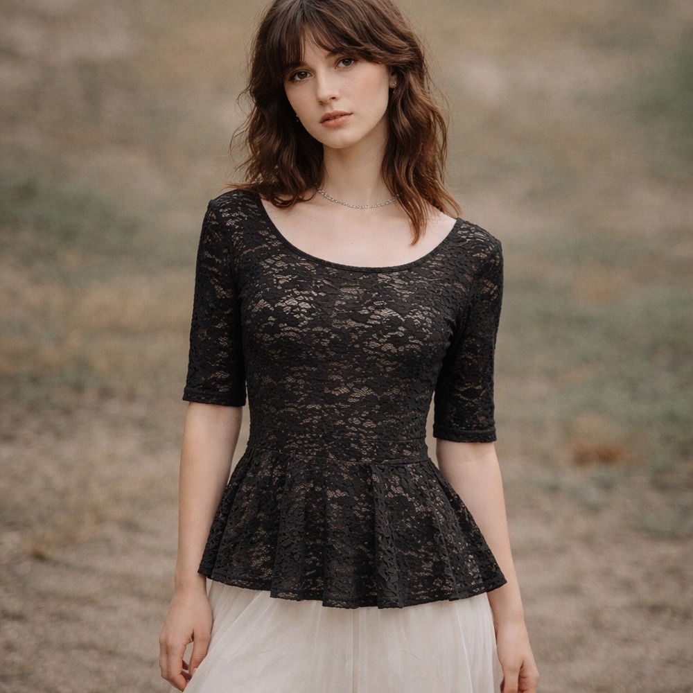 Free‎ People Black Lace Babydoll Top Scoop Back Size M Balletcore Dark Fairy